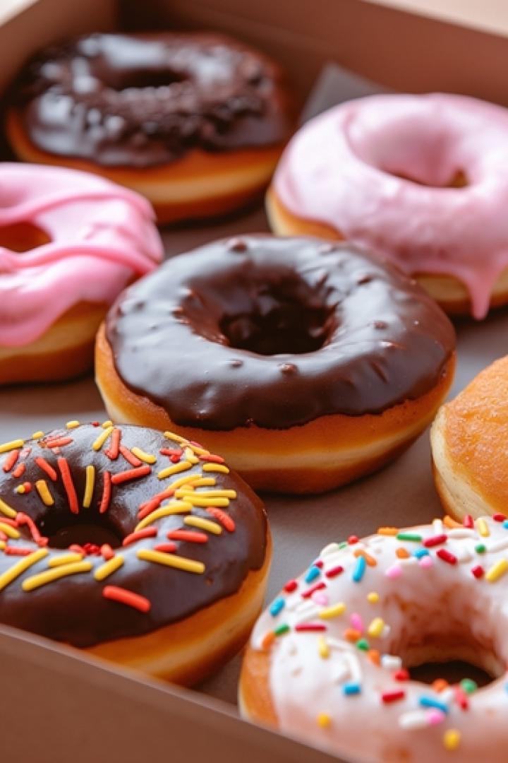 Eine Schachtel voller bunter Donuts
