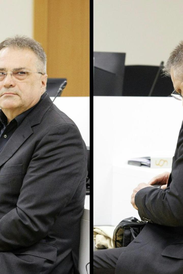 Egisto Ott, ehemaliger Chefinspektor des BVT, vor Gericht. Auf dem Bild links sieht er in die Kamera, auf dem Bild rechts dreht er sich weg.