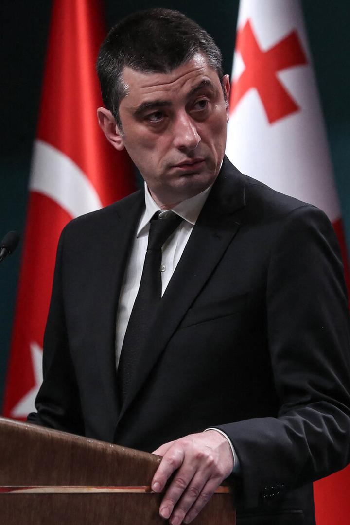 Ein Mann in Anzug (Giorgi Gacharia) spricht vor einem Podium, dahinter Türkei- und Georgien-Flaggen.