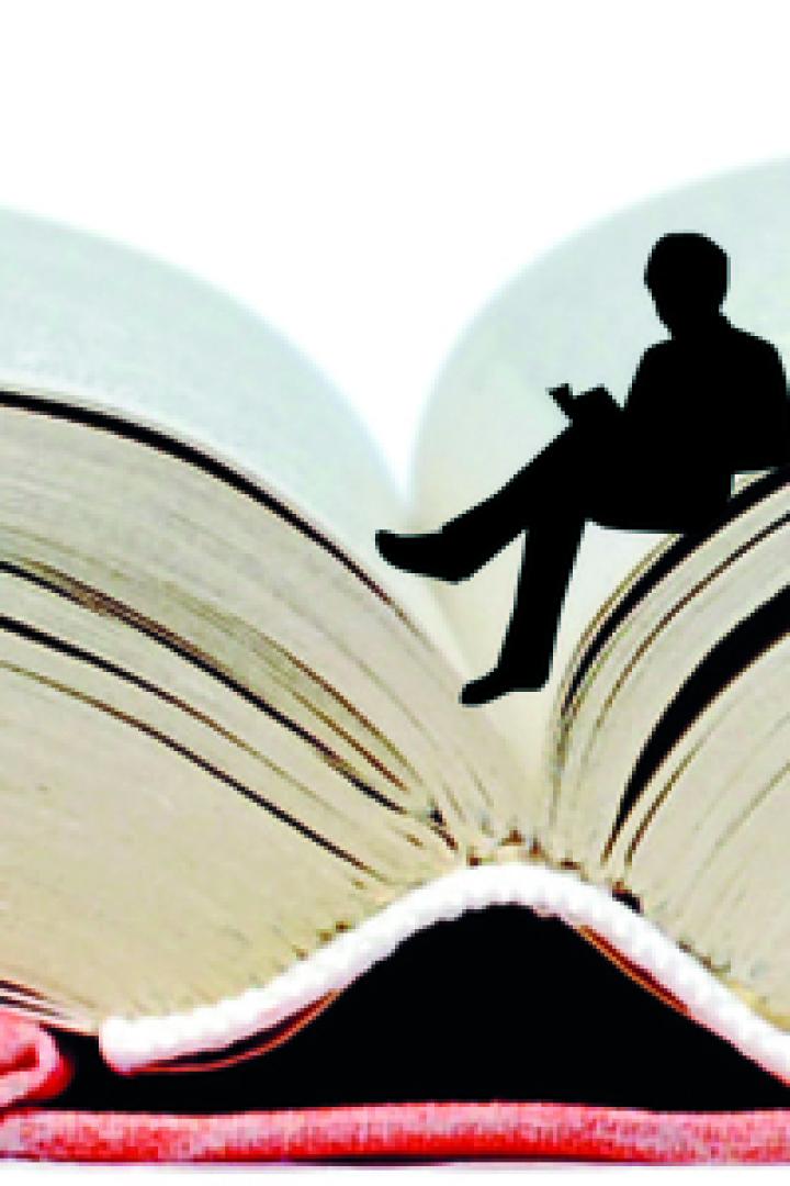 Die Grafik zeigt ein aufgeschlagenes Buch mit Lesenden