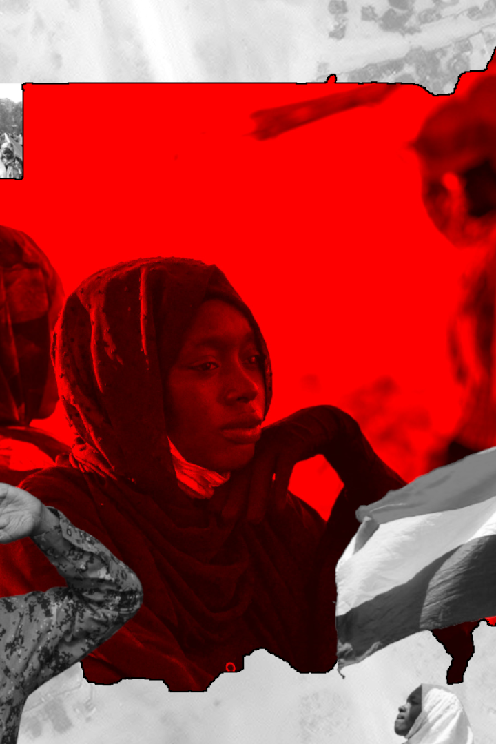 Collage: In der Mitte ist eine flüchtende Frau in den Umrissen des Sudan, links unten Generäle (Burhan und Hemeti) und rechts unten Protestierende mit einer Sudan-Flagge.