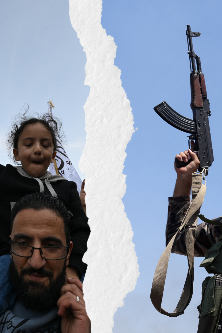 Links sieht man einen Mann mit Tochter auf seinem Rücken, sie sind auf einer Demo und schwenken eine Syrien-Flagge; rechts sieht man einen Kämpfer der eine AK-47 in die Höhe reckt und schreit