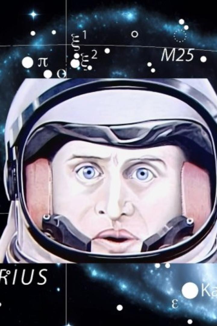 Gezeichnetes Gesicht eines Astronauten mit Helm, im Hintergrund eine Sternenkarte