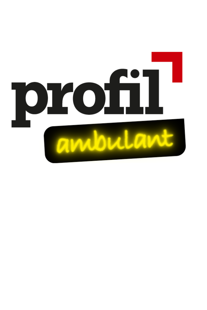 Der profil-Schriftzug samt rotem Dach über dem l. Darunter der Schriftzug "ambulant" in neongelber Farbe