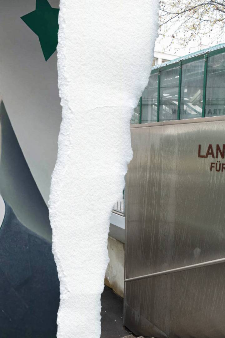 Links ein Bild von Diktator Baschar Al Assad, rechts ein Bild vom Landesgericht für Strafsachen Wien