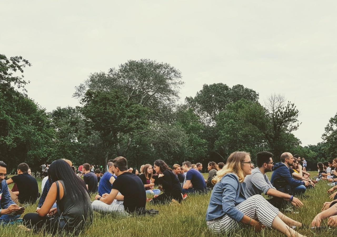Eine Gruppe von Menschen sitzt im Gras in einem Park.