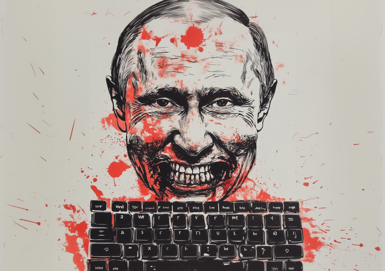 Eine stilisierte Darstellung von Wladimir Putin über einer Computertastatur, bedeckt mit roten Farbspritzern.