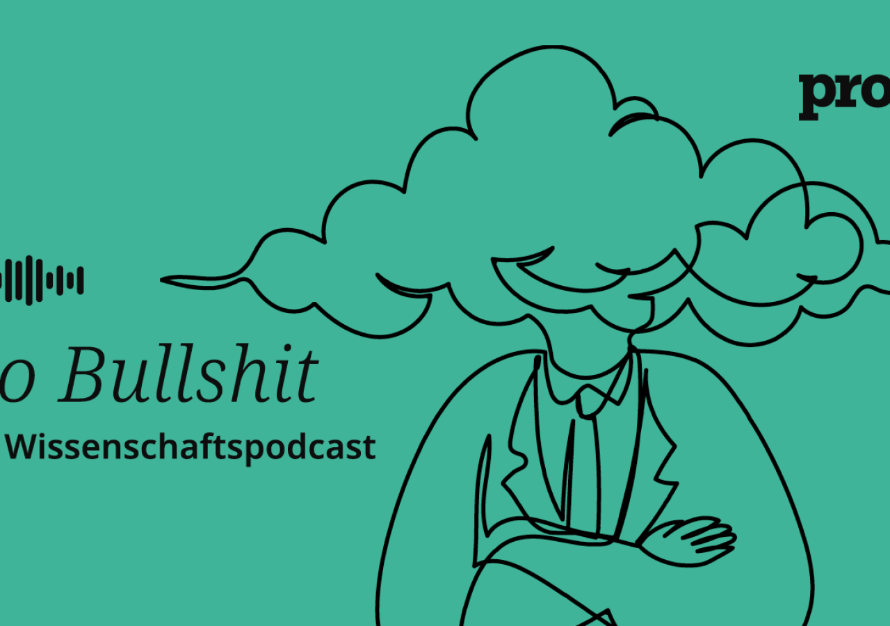 Illustration für den „No Bullshit“-Wissenschaftspodcast von Profil mit einer Person mit Wolke statt Kopf.