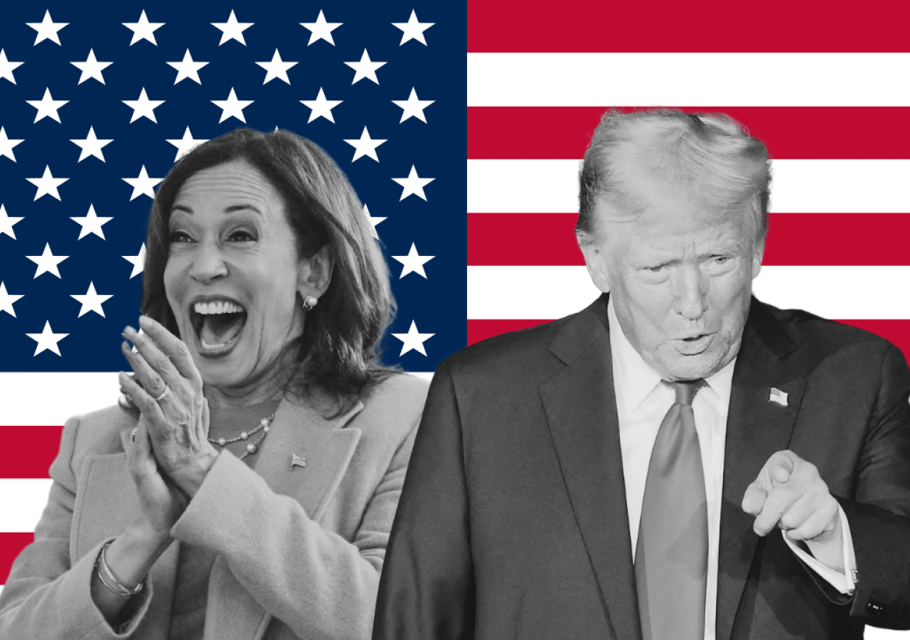 Trump und Harris vor einer amerikanischen Flagge