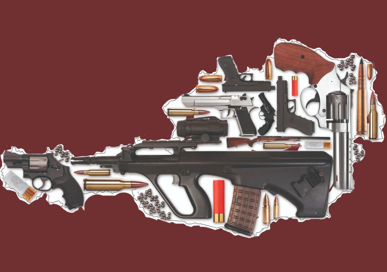 Eine Collage aus Waffen und Patronen die Österreich bilden 