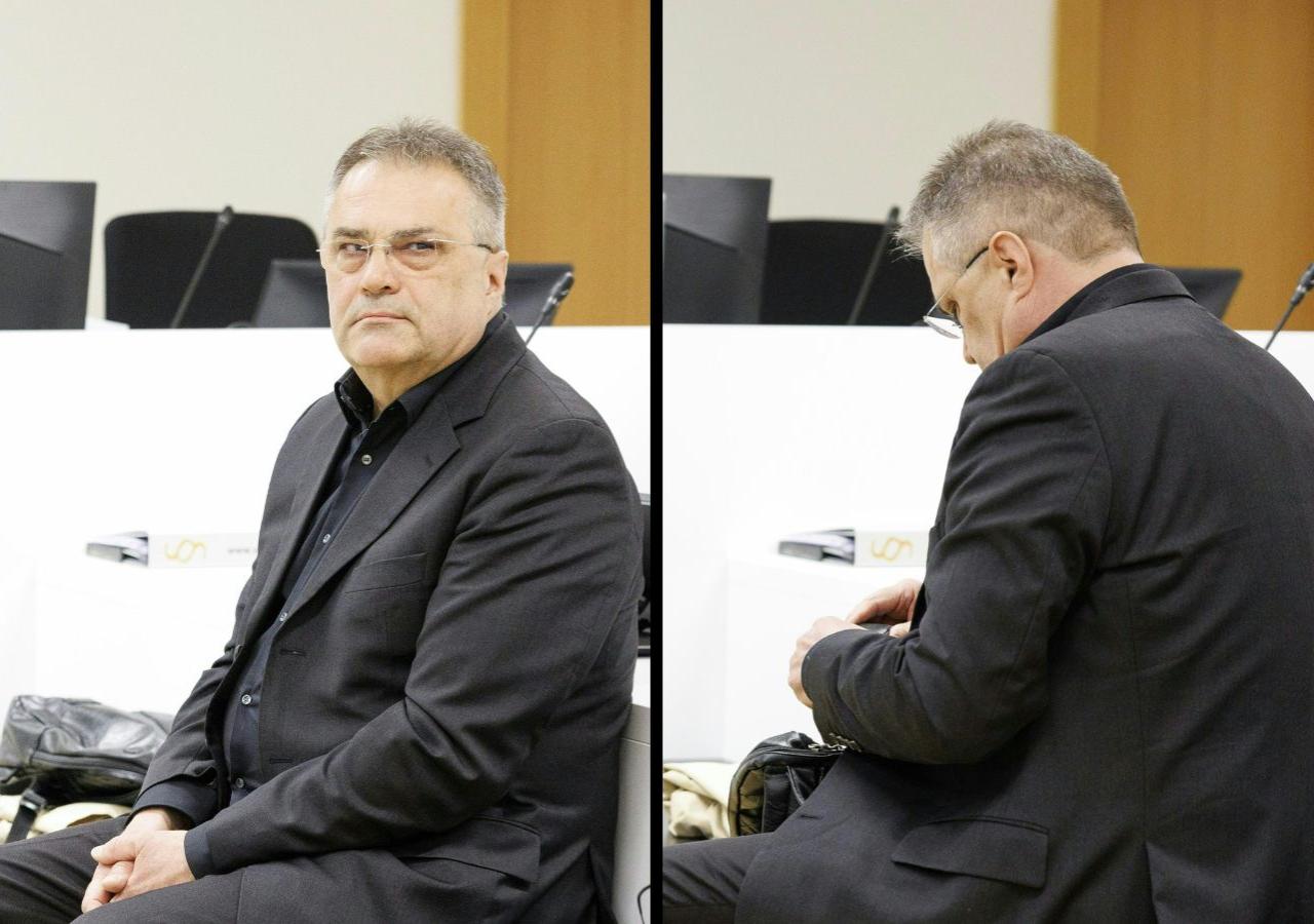 Egisto Ott, ehemaliger Chefinspektor des BVT, vor Gericht. Auf dem Bild links sieht er in die Kamera, auf dem Bild rechts dreht er sich weg.