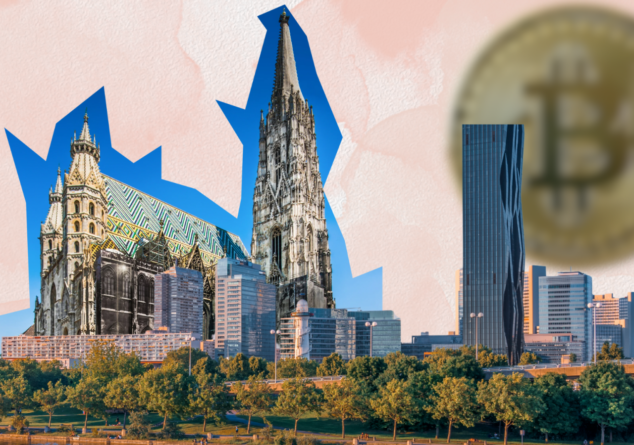 Auf dem Bild ist eine Kollage von dem Wiener Stephansdom vor einer Bitcoin-Sonne.