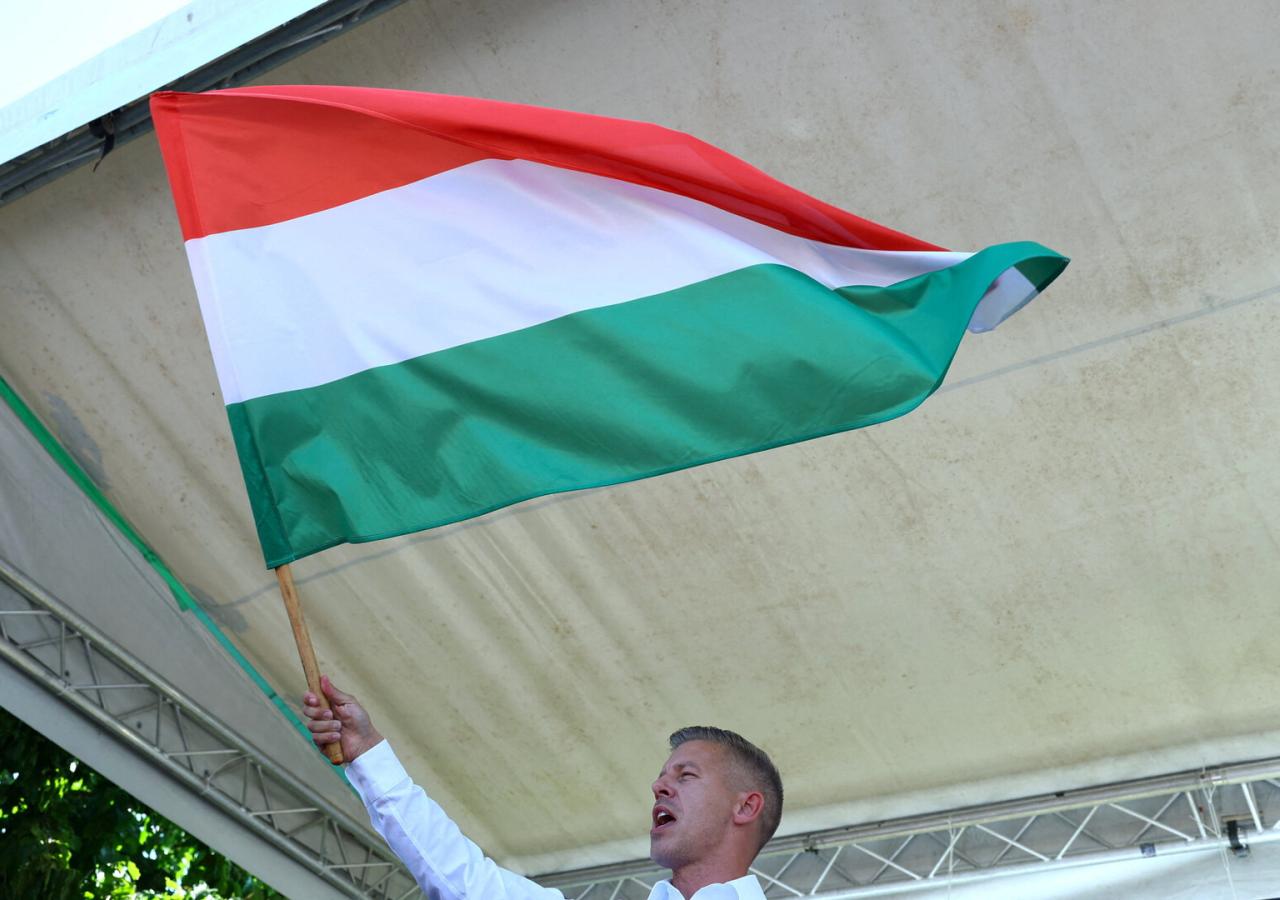 Peter Magyar steht auf einer Bühne und hält die ungarische Flagge hoch