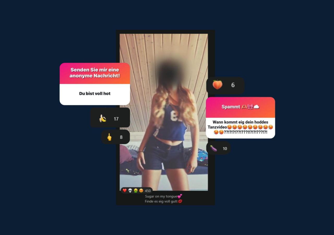 Das Foto zeigt ein Mädchen, umgeben von Kommentaren und Emojis. Einer der Kommentare lautet: "Wann kommt eig dein hoddes Tanzvideo?".