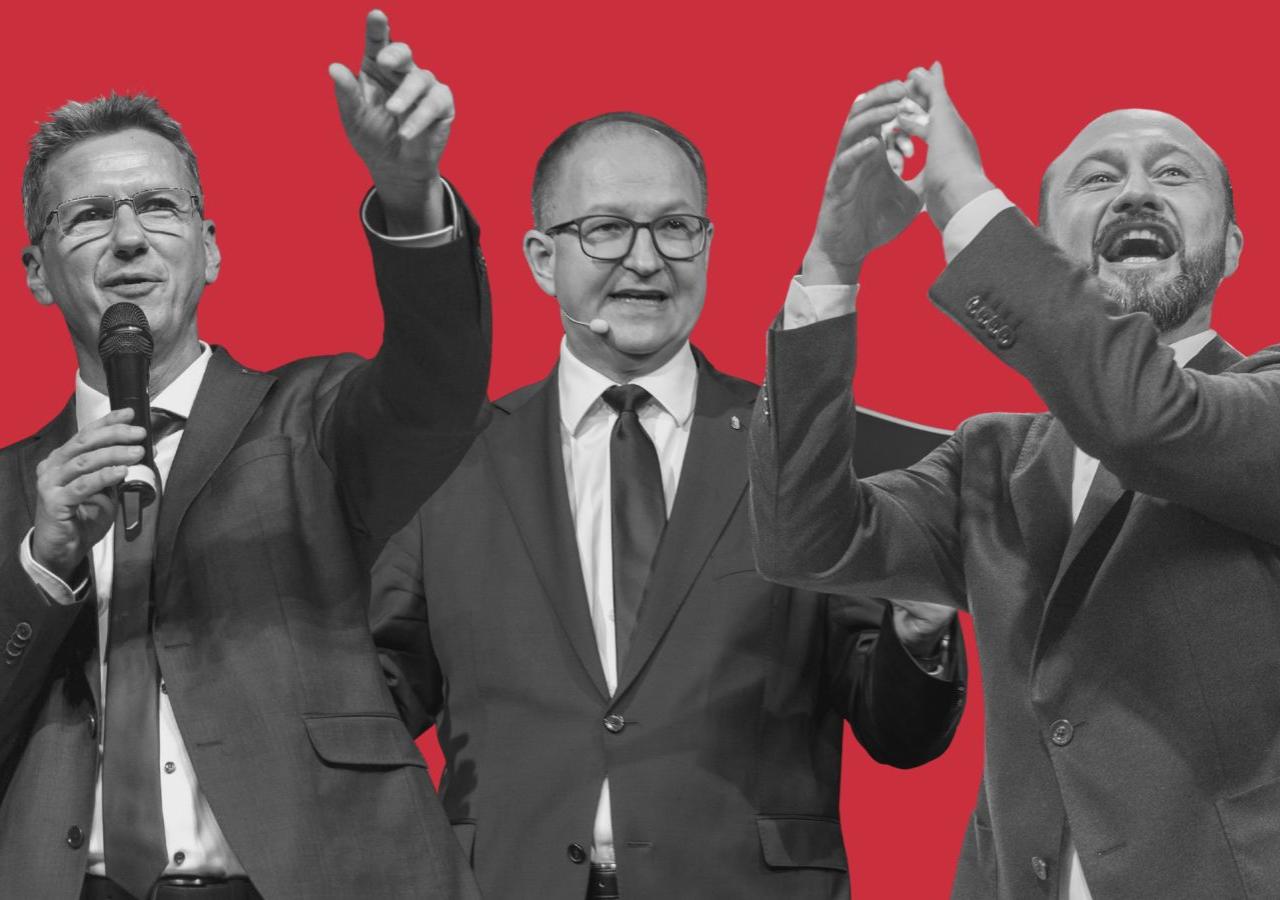 Schwarz-weiß-Ausschnitte von Daniel Fellner, Martin Winkler und Mar Lercher vor einem roten Hintergrund