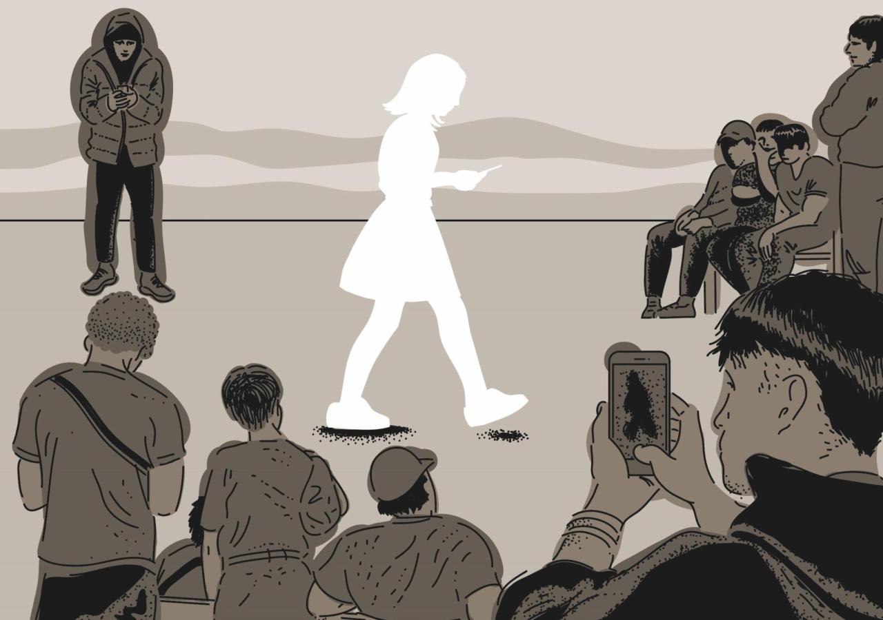 Man sieht eine Illustration von einem Mädchen, das von Burschen umringt ist