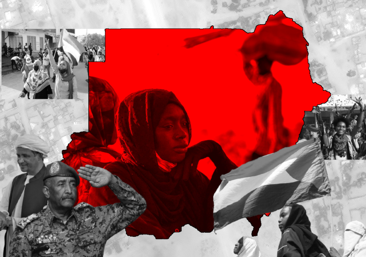 Collage: In der Mitte ist eine flüchtende Frau in den Umrissen des Sudan, links unten Generäle (Burhan und Hemeti) und rechts unten Protestierende mit einer Sudan-Flagge.