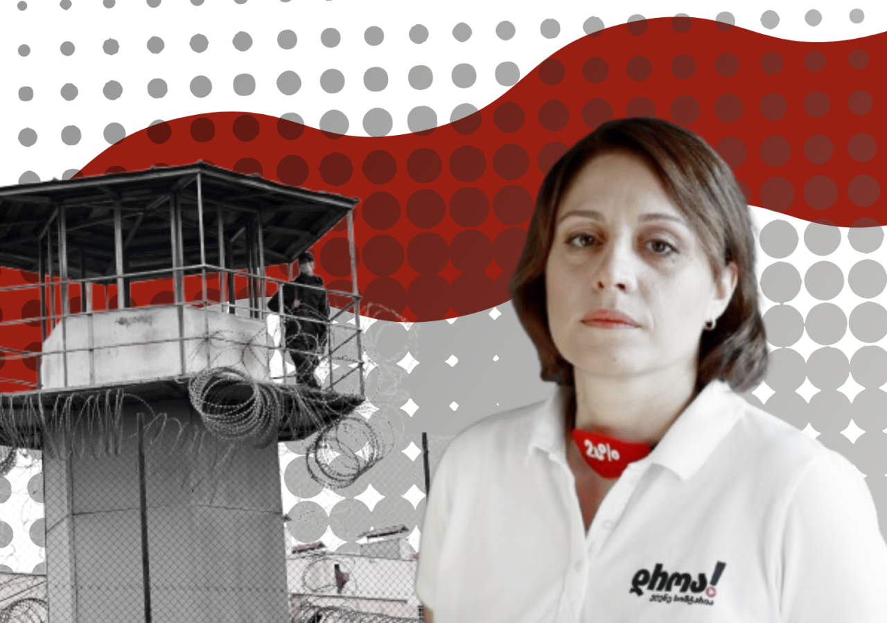 Collage, rechts Porträtfoto einer Frau, links ein Wachturm.