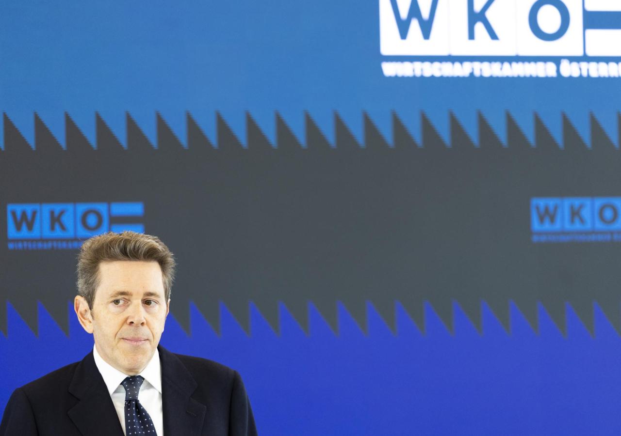 WKO-Chef Harald Mahrer vor einer blauen WKO-Wand