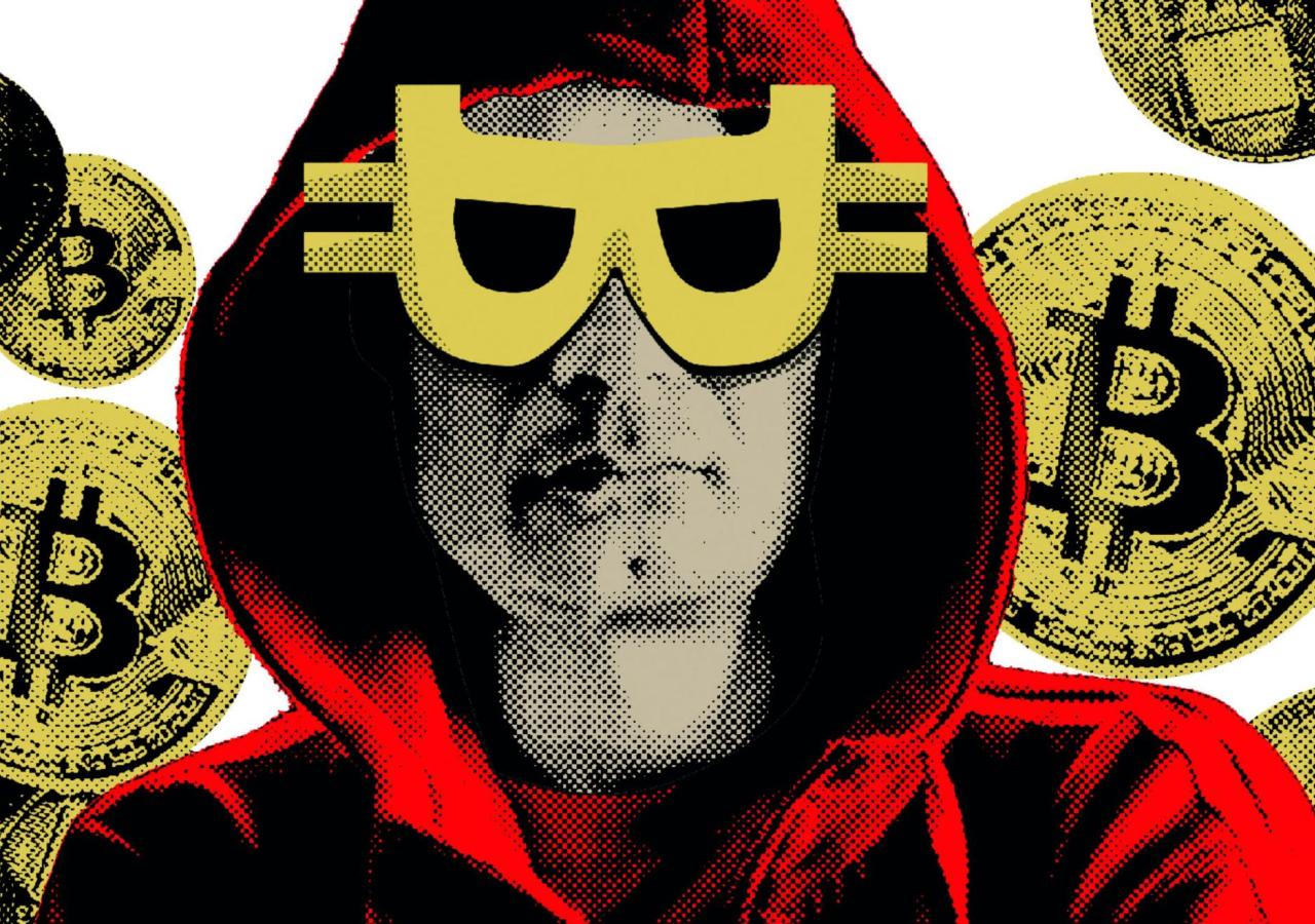 Ein Mann mit Kapuze, seine Augen sind von einer Brille in Form des Bitcoin-Symbols verdeckt.