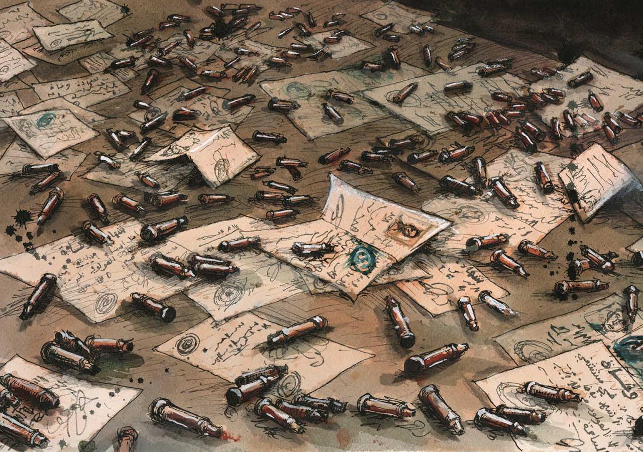 Illustration zum Projekt „Damascus Dossier“: auf dem Boden verstreute Papiere, dazwischen Patronen