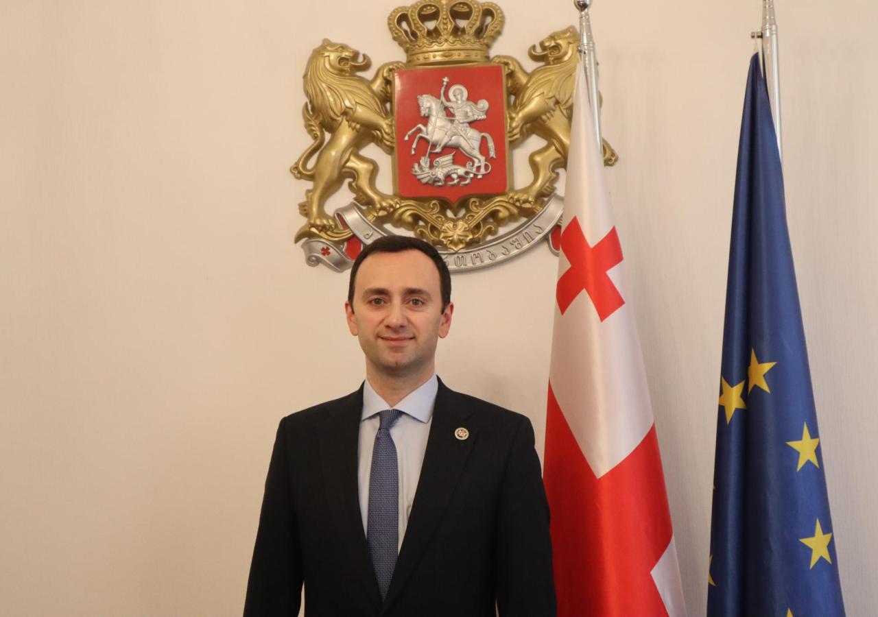Levan Makhashvili steht neben einer EU- und Georgien-Flagge.