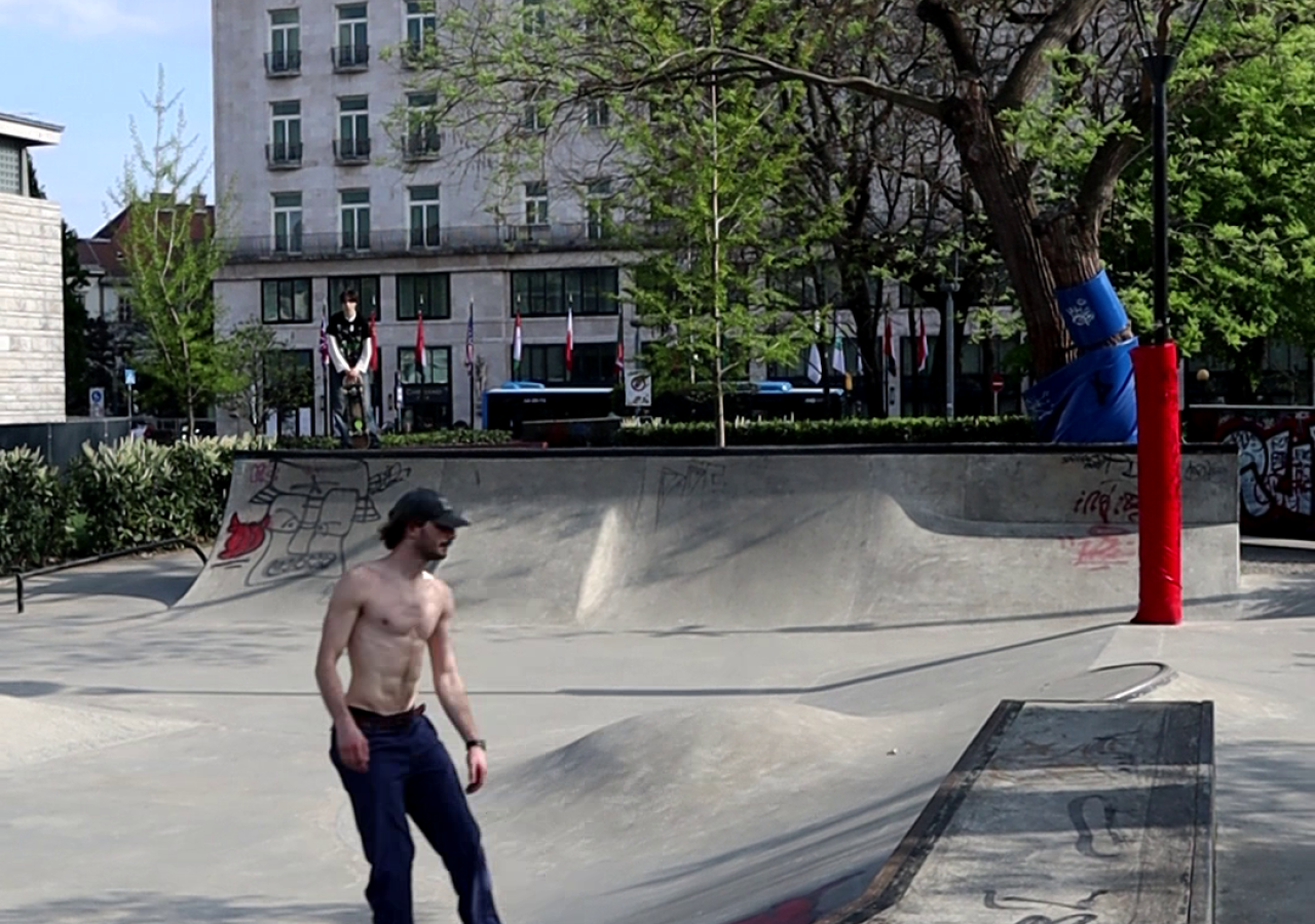 Skater fahren in einem Skatepark herum, dahinter eine Hausfassade und ein Baum.