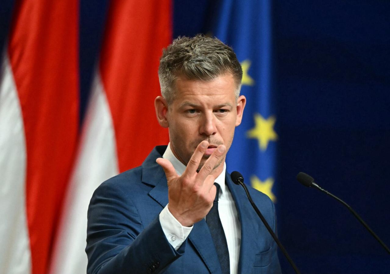 Péter Magyr vor Ungarn- und EU-Flaggen