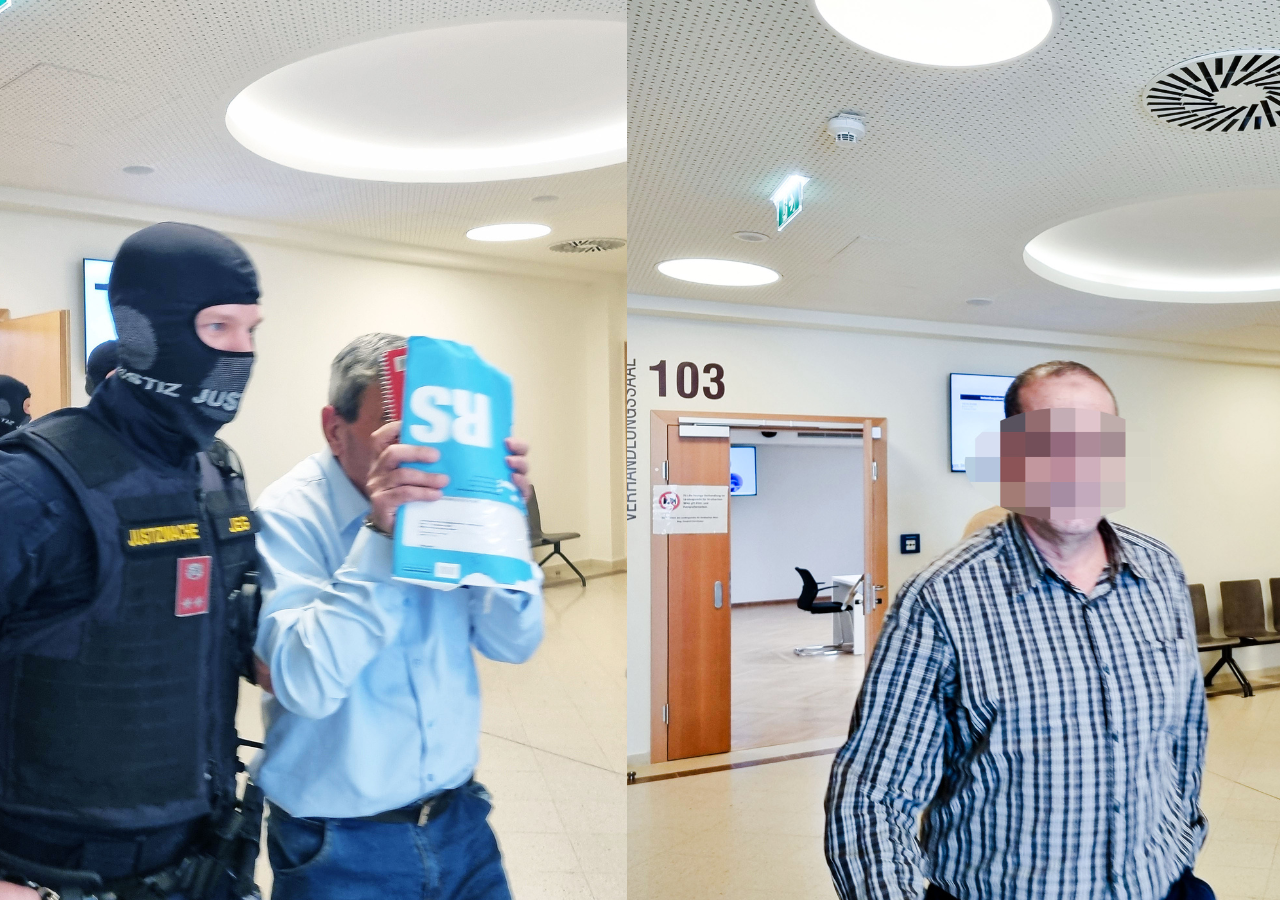 Fotocollage: Polizisten führen H. aus dem Saal, rechts A., wie er den Saal verlässt.
