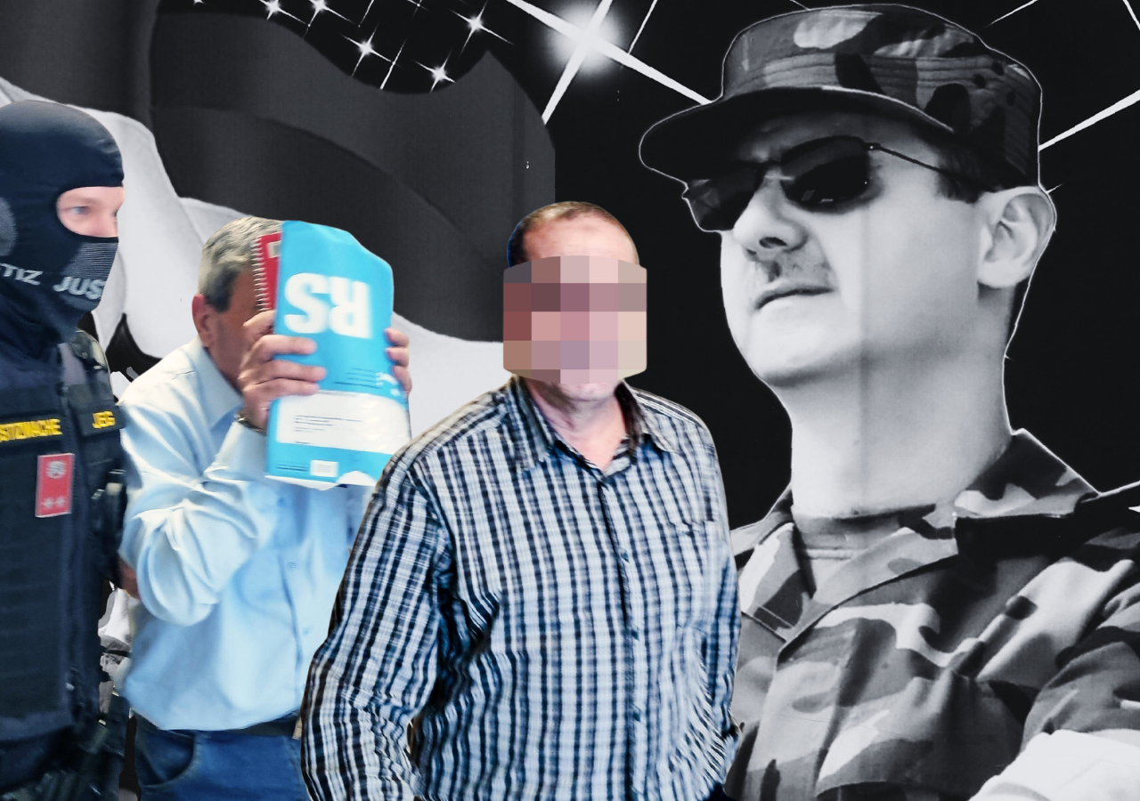 Fotocollage: Zwei Männer stehen vor einem Bild von Baschar Al Assad, die Person ganz links wird von einem Polizisten geführt.