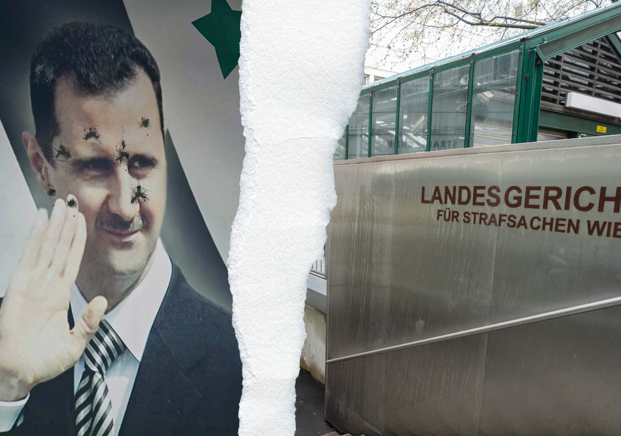 Links ein Bild von Diktator Baschar Al Assad, rechts ein Bild vom Landesgericht für Strafsachen Wien