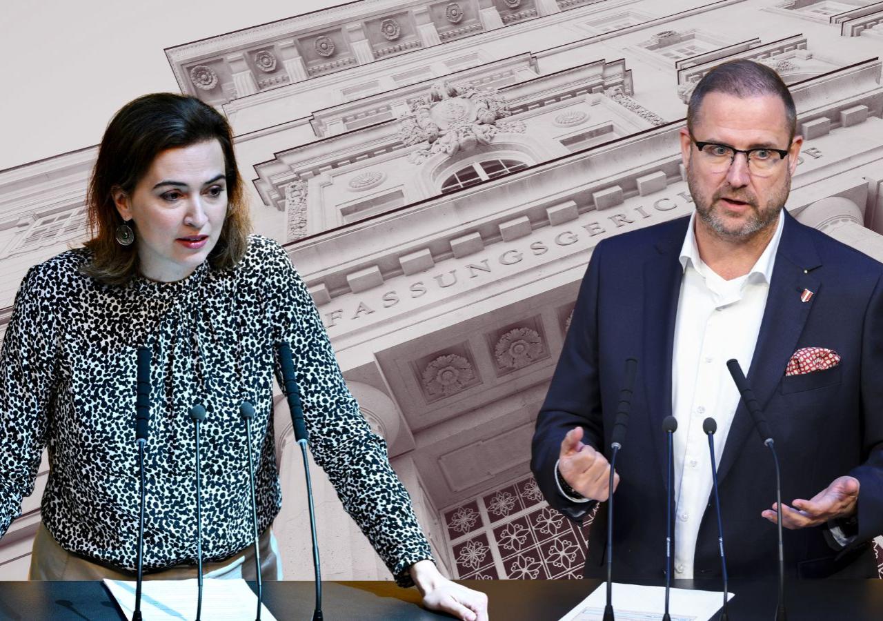 Collage: Alma Zadić (Grüne) und Christian Hafenecker (FPÖ) vor dem Verfassungsgerichtshof.