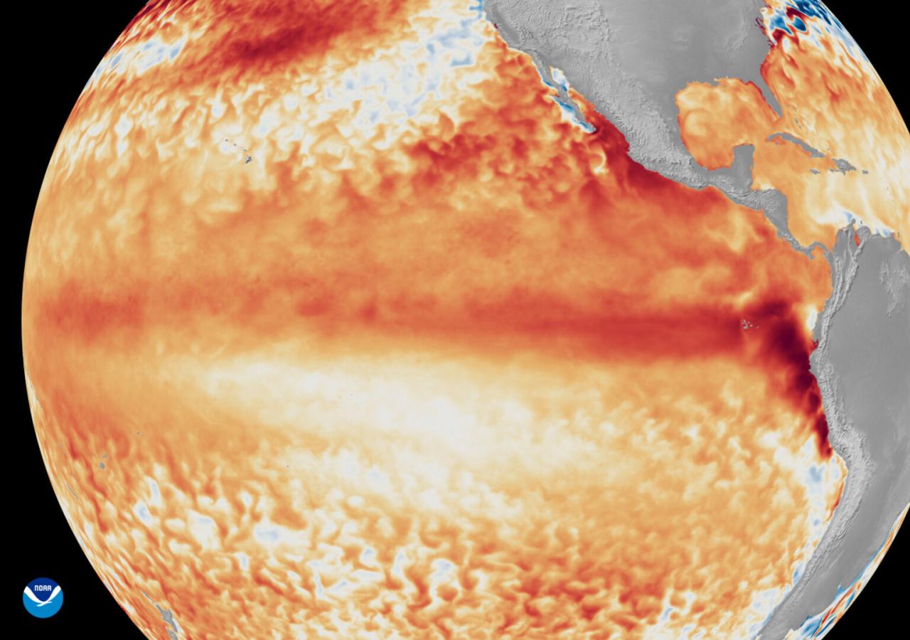 Satellitenbild vom Pazifik, warme Strömungen in rot