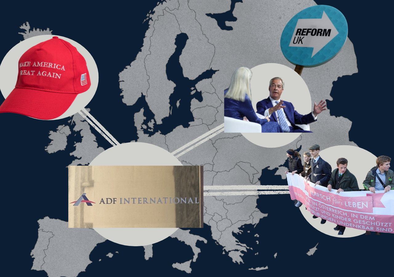 Fotocollage: Man sieht das ADF International Logo, einen MAGA-Hut, Nigel Farage und einen Protestzug mit einem "Marsch-fürs-Leben"-Banner vor einer Europa-Karte.