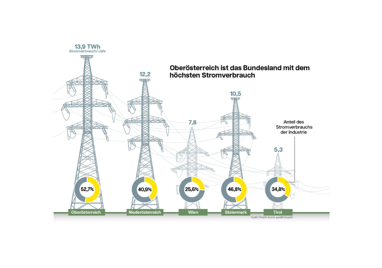 Infografik zu Stromverbrauch und Industrieanteil in österreichischen Bundesländern.