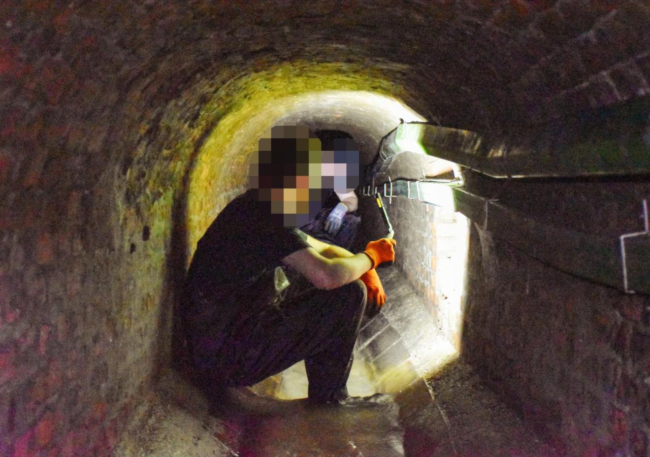 Ein Mann in schwarz gekleidet sitzt in einem engen Kanalschacht