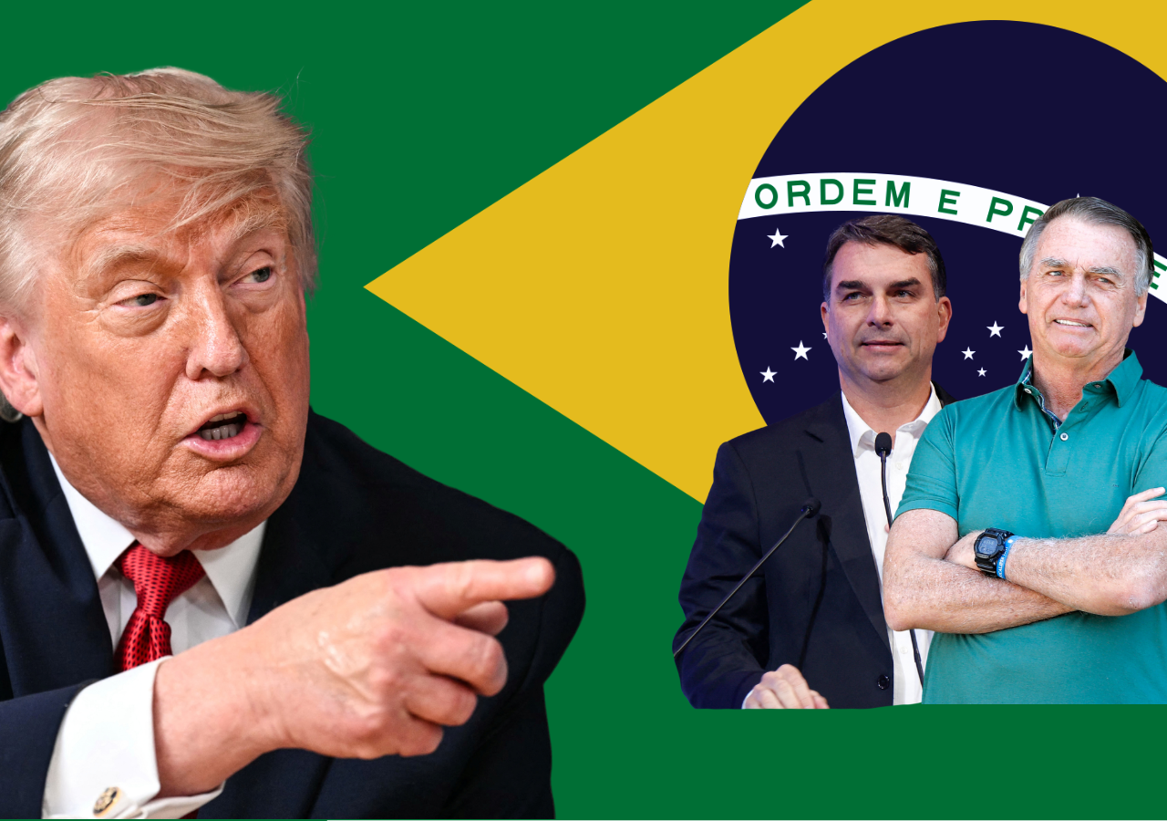 Fotocollage: Donald Trump zeigt auf Jair und Flávio Bolsonaro, die vor einer Brasilien-Flagge stehen.