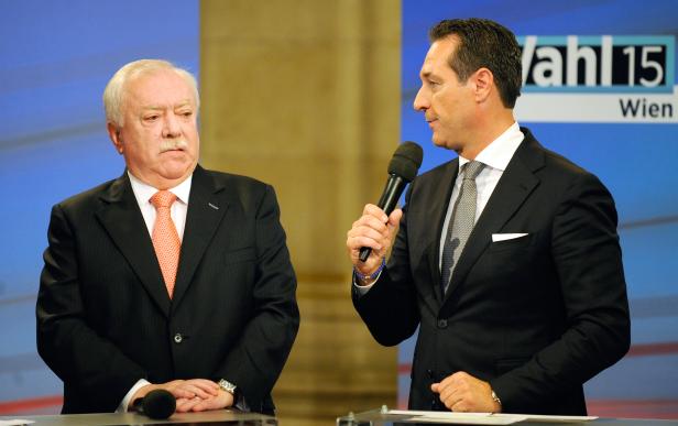 Bürgermeister Michael Häupl (SPÖ) und FPÖ-Chef Heinz Christian Strache (r.) bei einem TV-Einstieg im Rahmen der Gemeinderats- und Landtagswahl in Wien. 