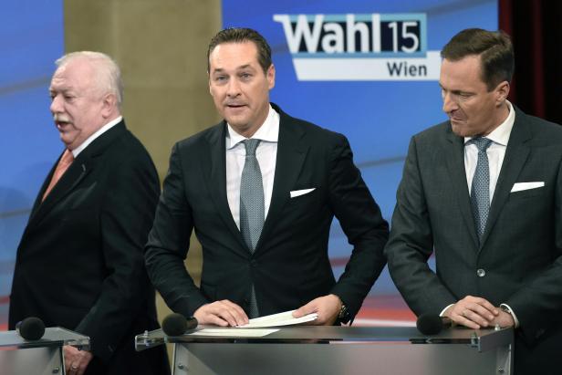 Michael Häupl (SPÖ), Heinz-Christian Strache (FPÖ) und Manfred Juraczka (ÖVP) anl. einer TV-Diskussion im Rahmen der Gemeinderats- und Landtagswahl in Wien.