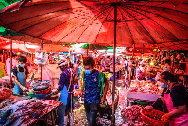 Trotz der Befürchtungen, dass sich das COVID-19-Coronavirus in Bangkok ausbreiten könnte, drängen sich die Menschen auf dem Markt von Khlong Toei, um Fleisch und Fisch zu kaufen. Trotz der Befürchtungen, dass sich das COVID-19-Coronavirus in Bangkok ausbreiten könnte, drängen sich die Menschen auf dem Markt von Khlong Toei, um Fleisch und Fisch zu kaufen.