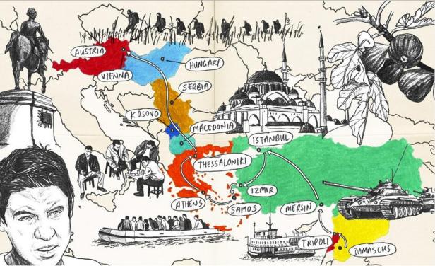 Die handgezeichnete Route von Mohammeds Reise vom Libanon über die Türkei, Griechenland, Mazedonien, Serbien und Ungarn bis nach Österreich. Sie dauert eineinhalb Jahre.
