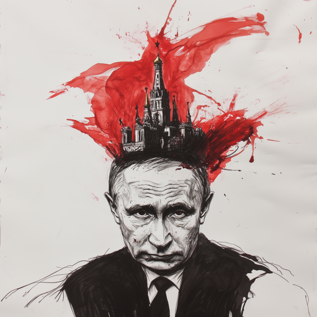 Eine Zeichnung von Wladimir Putin mit dem Moskauer Kreml auf seinem Kopf, umgeben von roter Farbe.