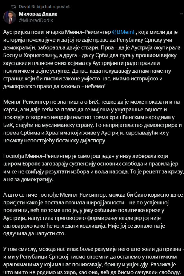 Tweet von Milorad Dodik