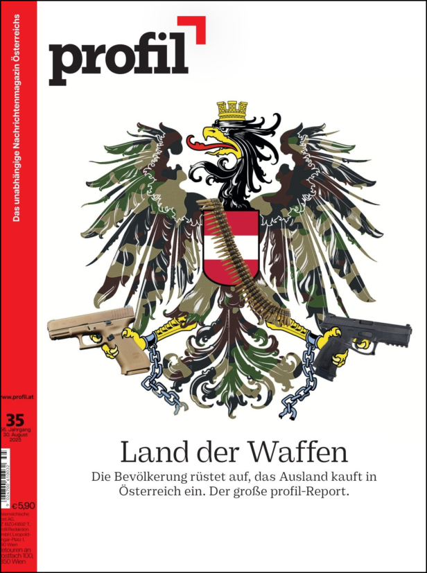 Der Adler des Wappens der Republik Österreich trägt Waffen in seinen Armen