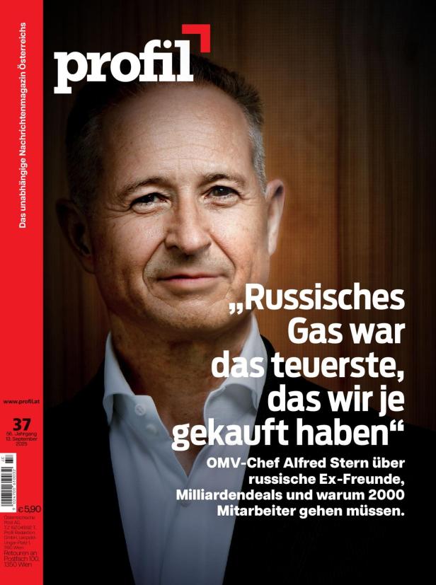 profil Cover mit OMV-Chef Alfred Stern. Das Bild zeigt einen Mann im Portrait und Text zu seiner Arbeit.