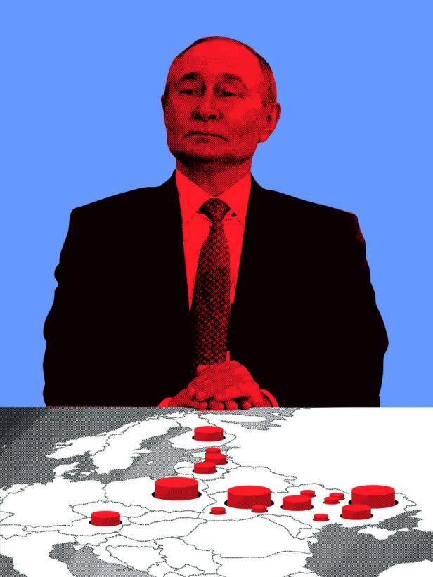 Eine Illustration: Putin vor einer Karte Europas mit roten Knöpfen