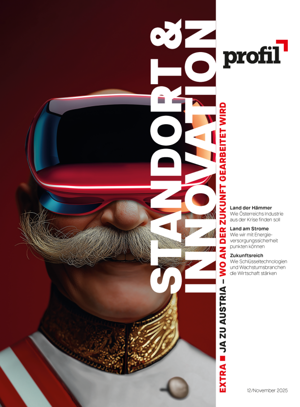 Porträt einer Person in historischer Uniform mit goldverziertem Kragen und rot-weißem Schulterband vor rotem Hintergrund, rechts Textspalte mit Magazinlogo 'profil' und Überschriften zu Innovation und Standort.