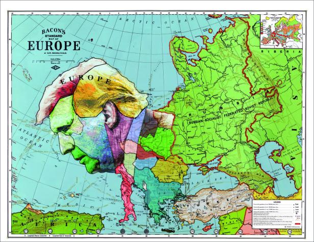 Illustration von Europa mit Donald Trump als Teil des Kontinents 