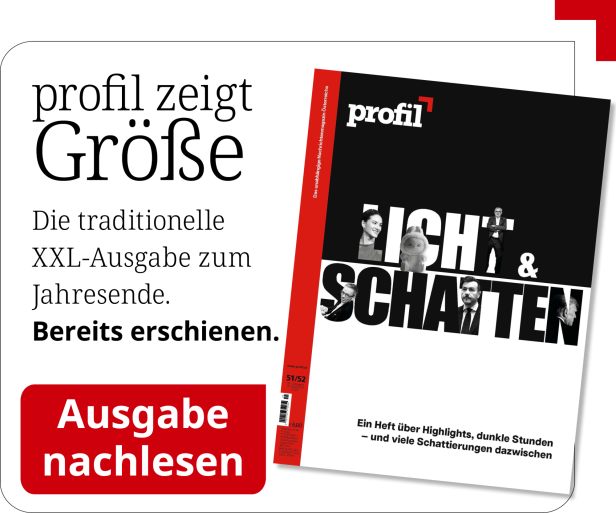 Werbeanzeige für die traditionelle XXL-Ausgabe von "profil" zum Jahresende mit dem Titel "Licht & Schatten" und dem Aufruf "Ausgabe nachlesen"