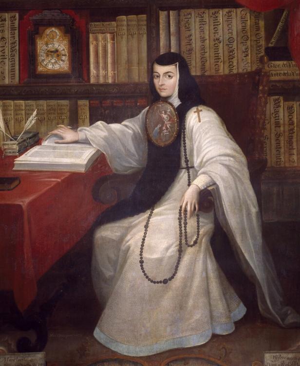 Ein Gemälde, das die Nonne Juana Ines de la Cruz an ihrem Schreibtisch sitzend zeigt